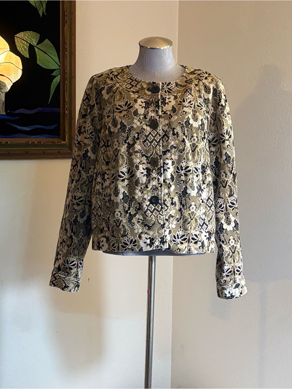 Charter Club Beige and Black Floral Jacquard Jacket